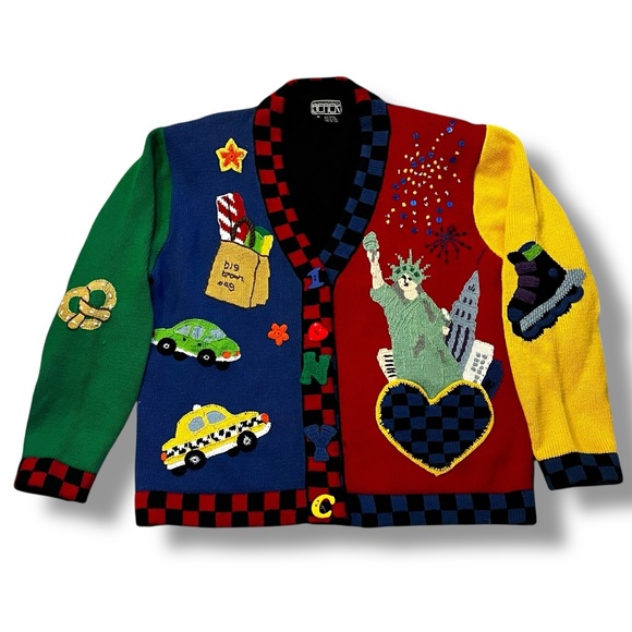 berek Sweaters - Vintage Berek Cardigan New York NYC Theme Medium Kitsch Novelty - small flaws